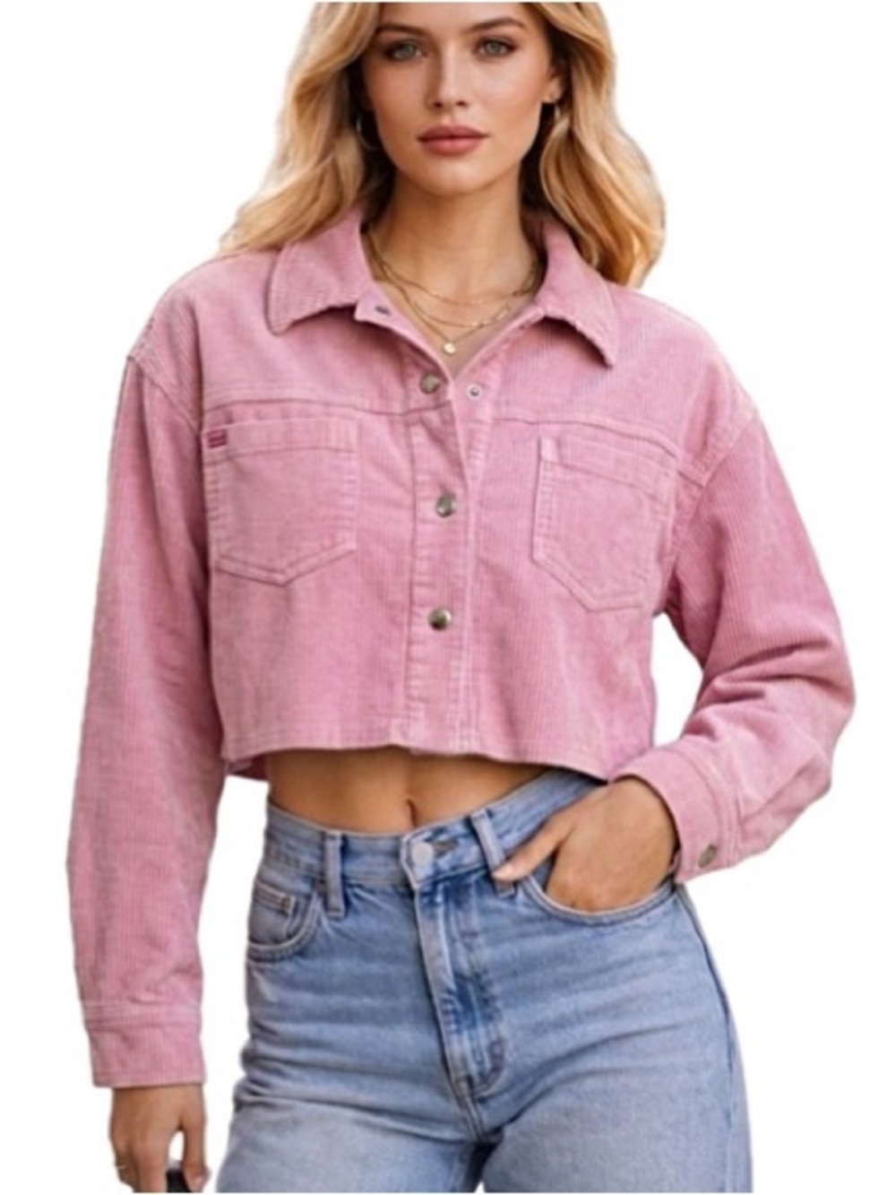 BDG Urban Outfitters Cropped Corduroy Snap Shirt Jacket Womens XS Barbie Pink